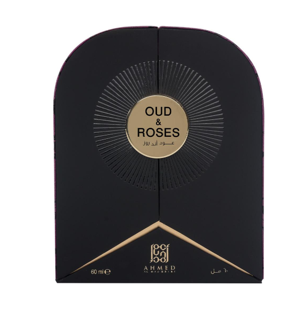 Armed Forces Oud & Roses perfume packaging, featuring a black arched box with a gold circular label and gold geometric accents on a white background.