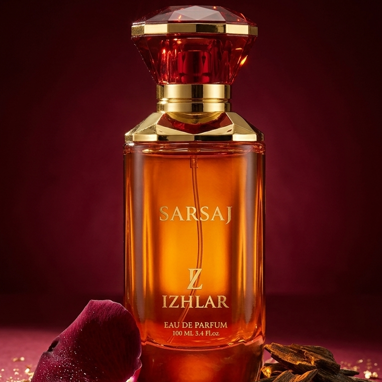 A bottle of Sarsaj by Z Izhlar Eau de Parfum with amber liquid and gold detailing, styled with a rose petal and dried botanicals on a dark red background.